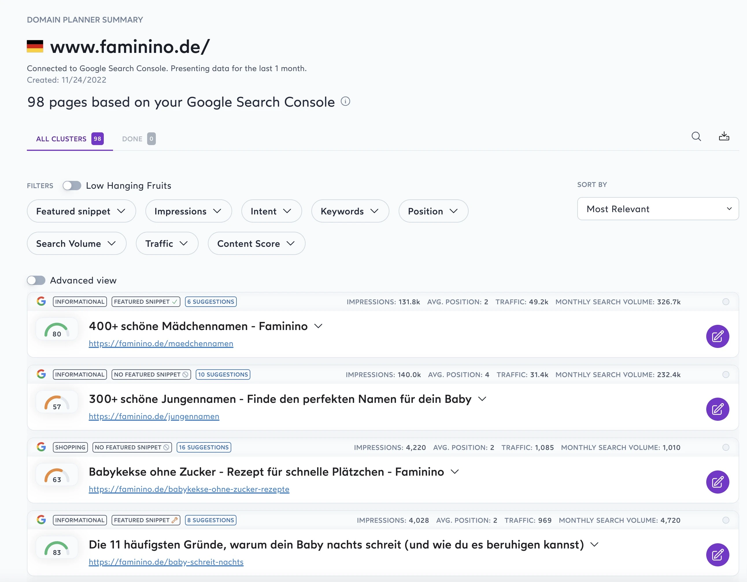 Domain Planner Übersicht in Surfer SEO