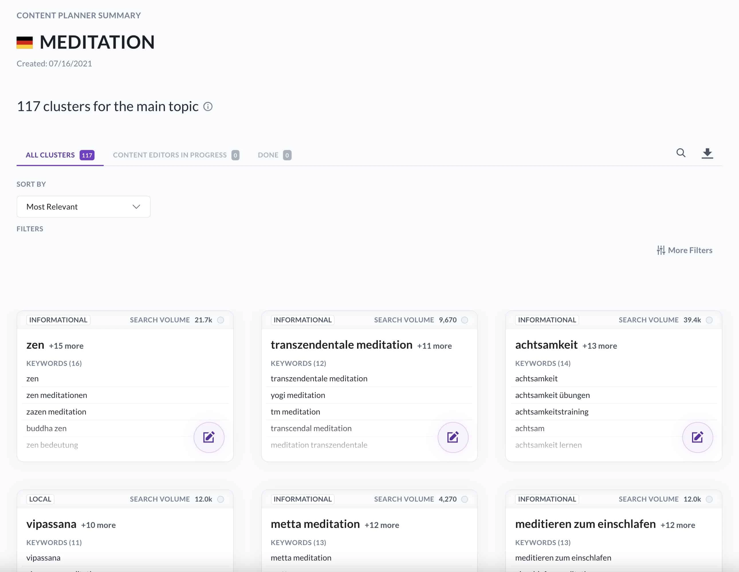 Keyword-Cluster im Content Planner von Surfer SEO