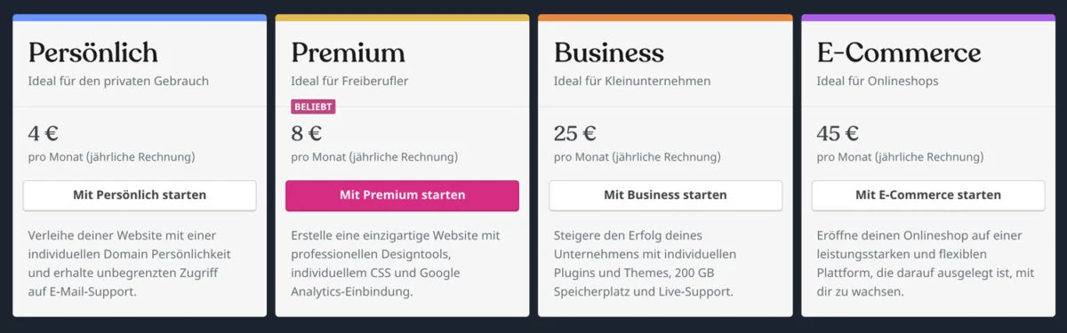 WordPress.com stellt dir 4 verschiedene Tarife zur Auswahl