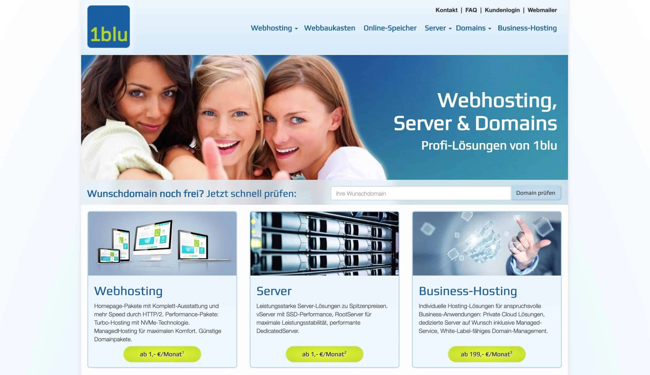 Startseite des Webhosting-Angebots von 1blu