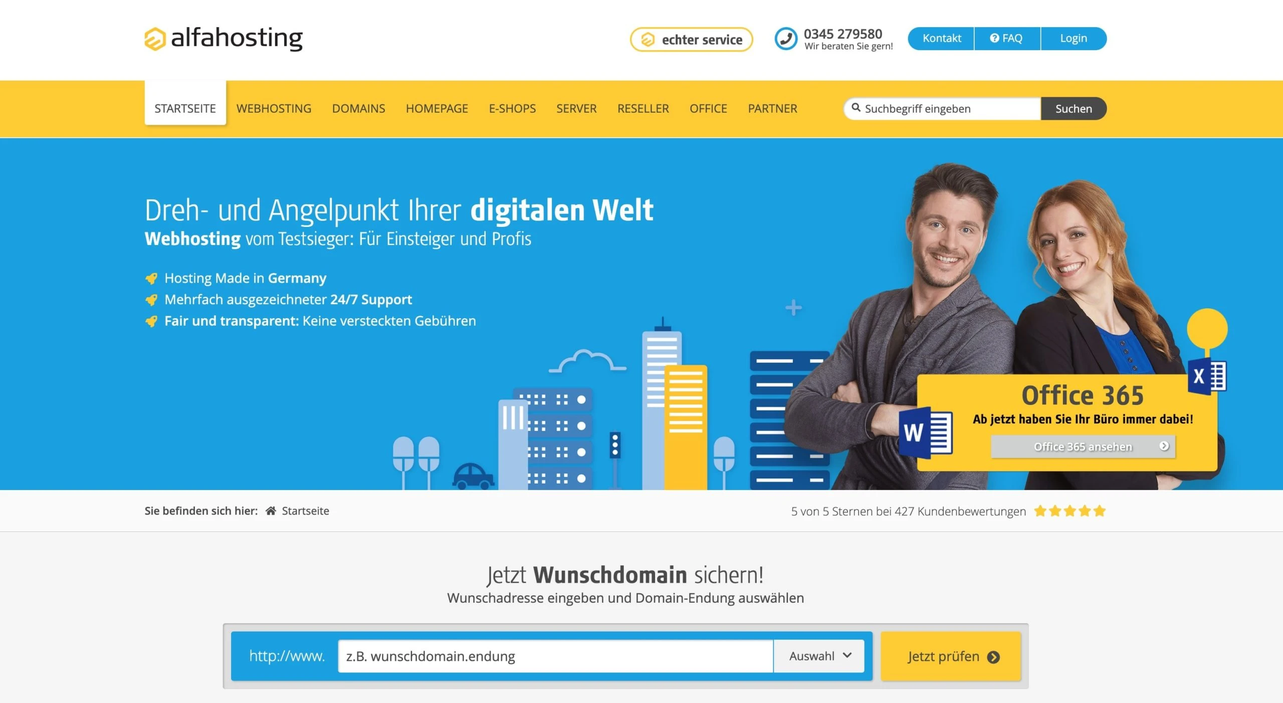 Startseite des Webhosting-Angebots von alfahosting