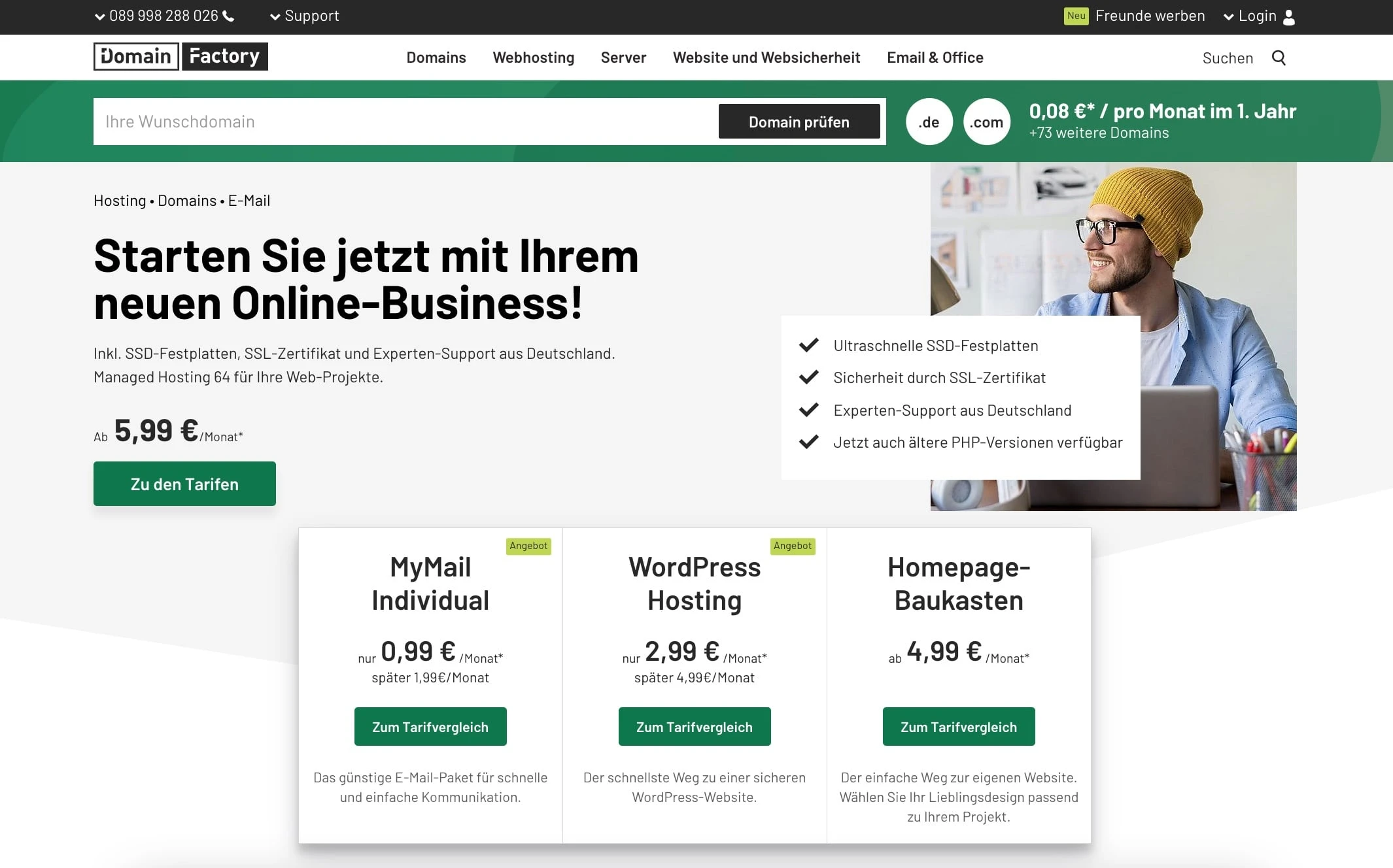 Startseite des Webhosting-Angebots von DomainFactory