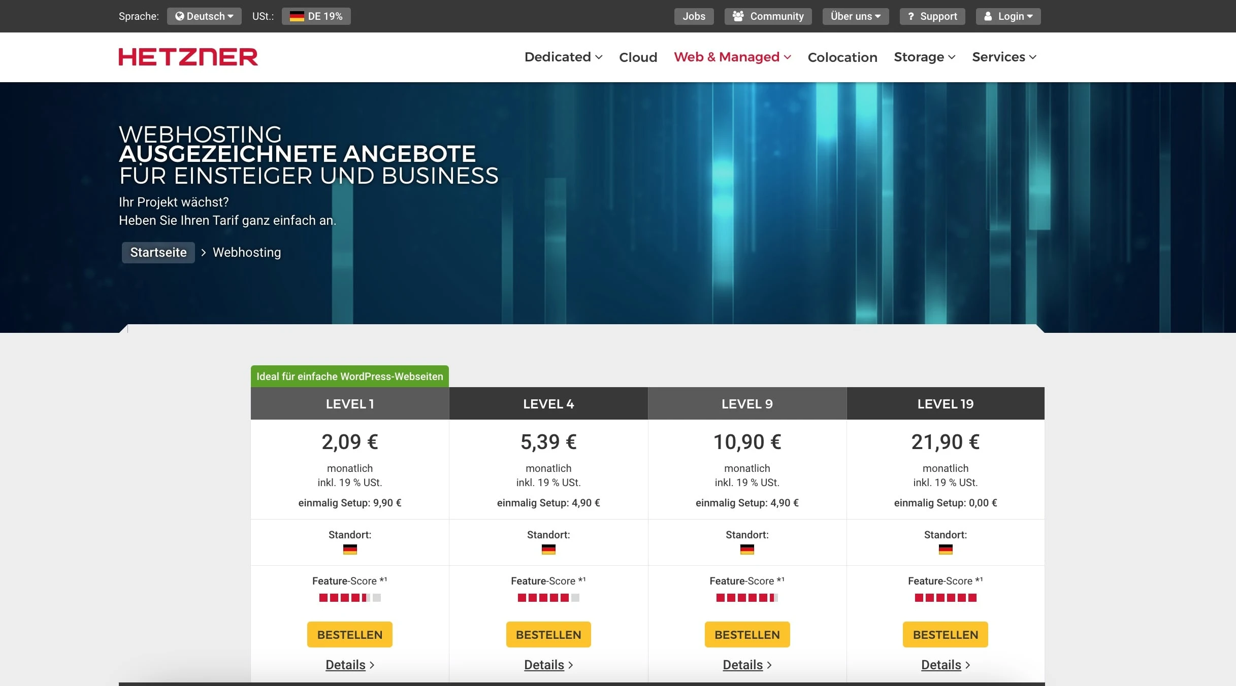 Startseite des Webhosting-Angebots von Hetzner