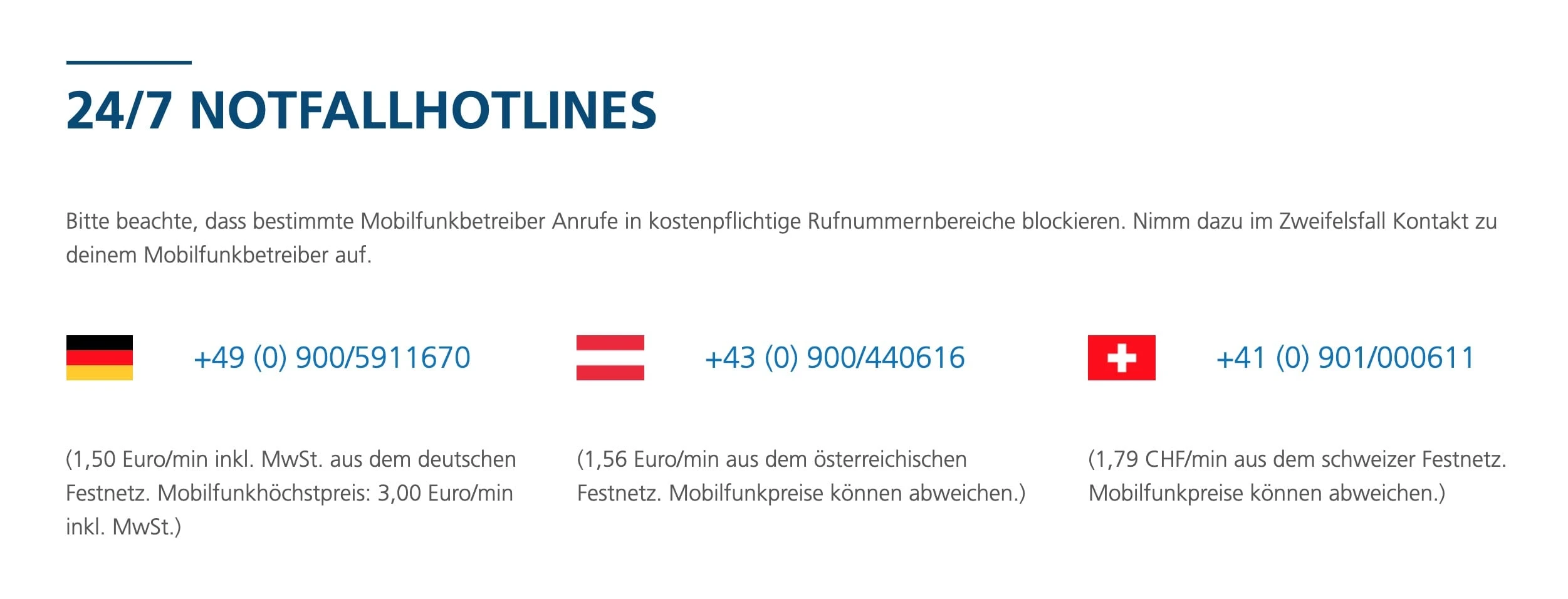 Preisangaben der kostenpflichtigen Notfall-Hotlines von Mittwald