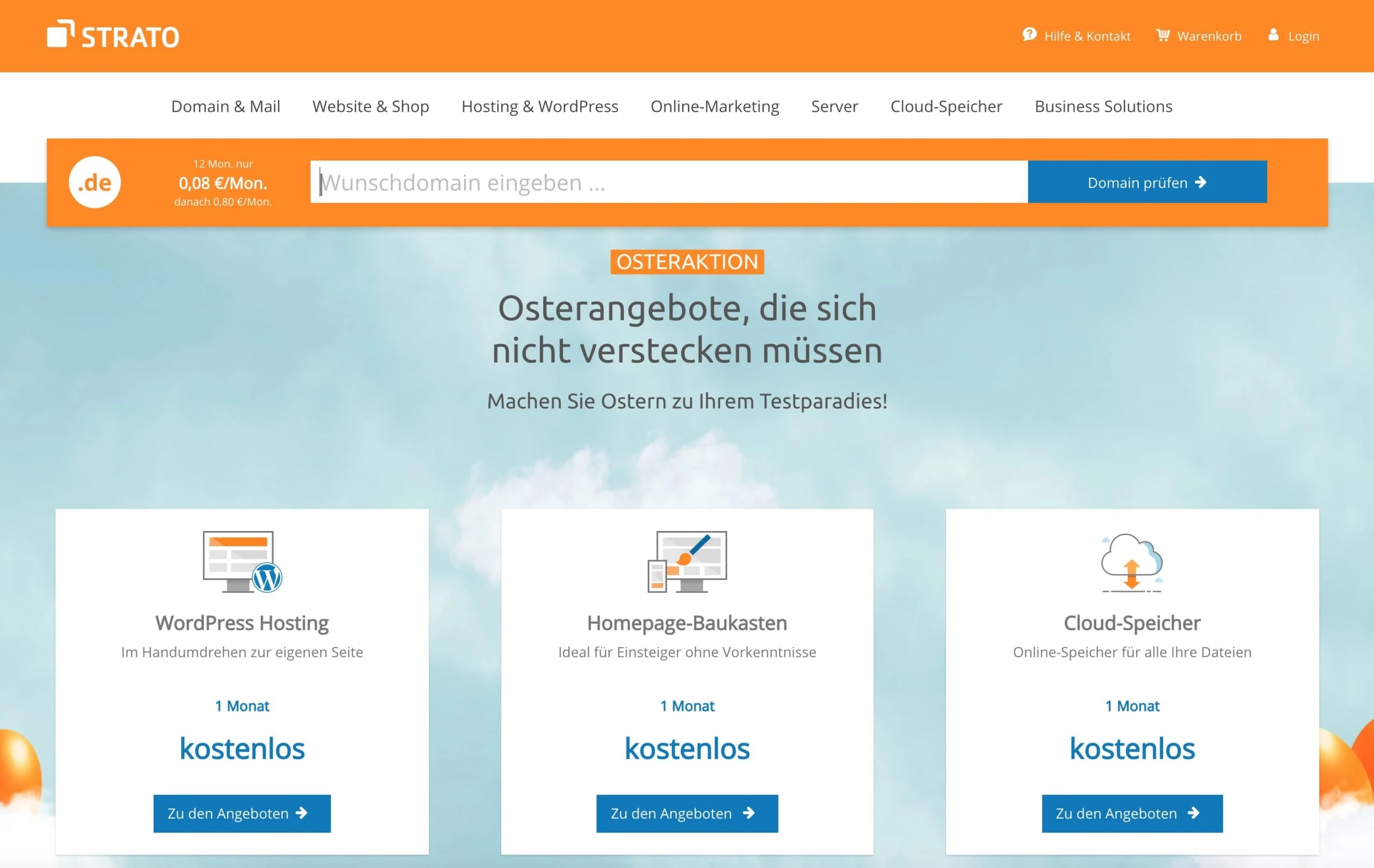 Startseite des Webhosting-Angebots von STRATO