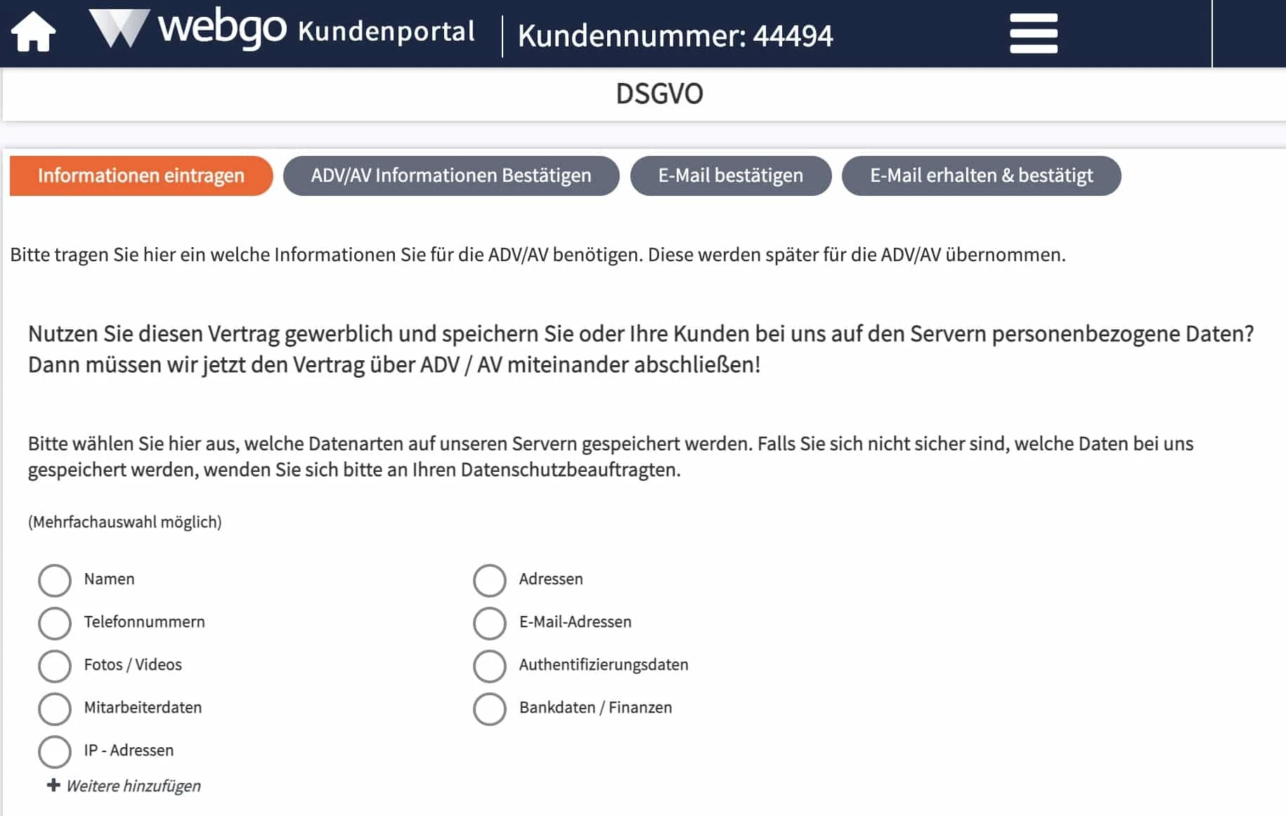 Formular zum Online-Abschluss des AV-Vertrags im Kundenportal von webgo