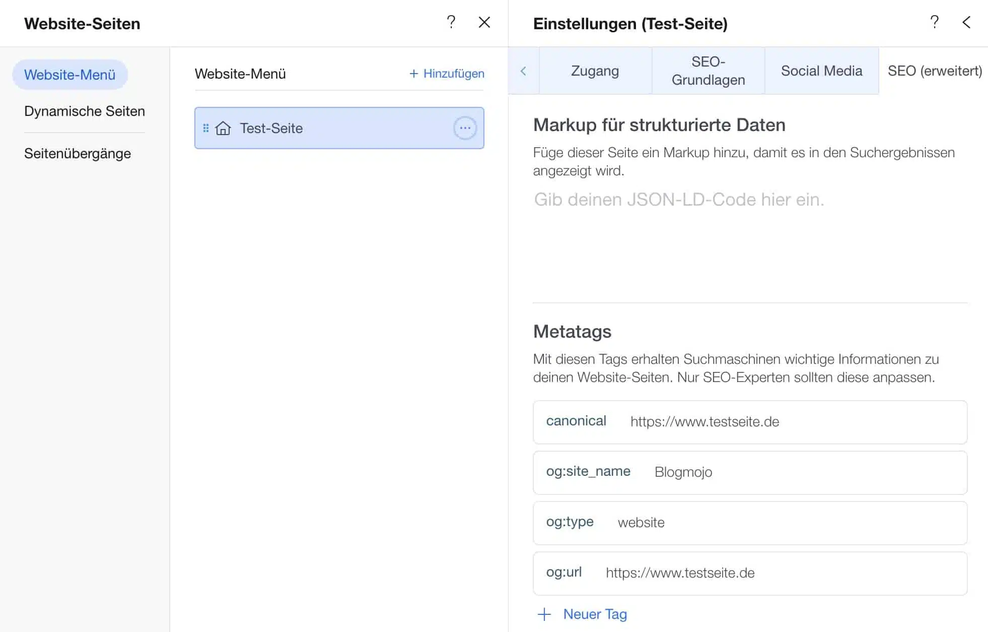 Erweiterte SEO-Einstellungen bei Wix
