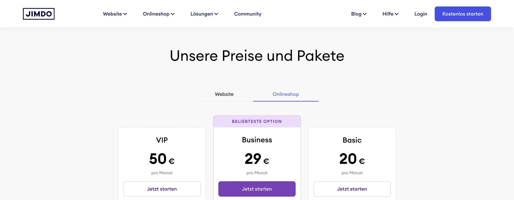 Jimdo Onlineshop-Tarife und Preise im Juli 2026