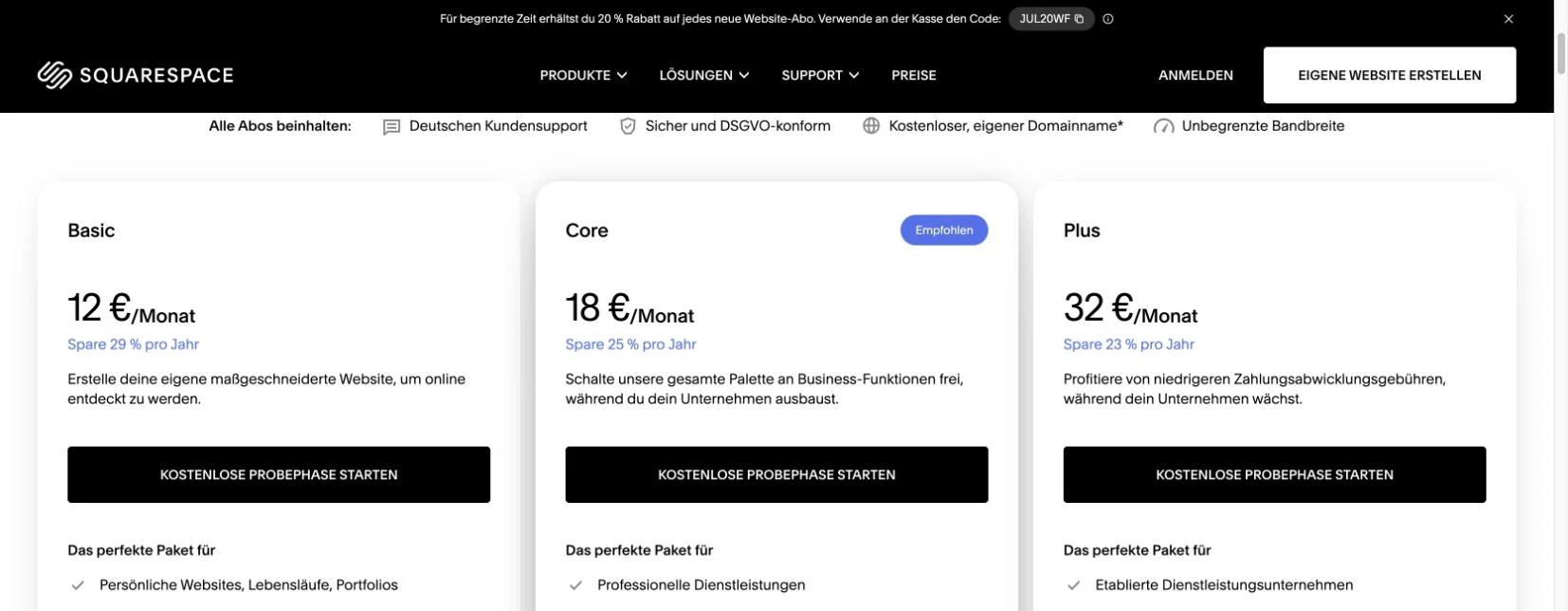 Squarespace Tarife und Preise im Juli 2026