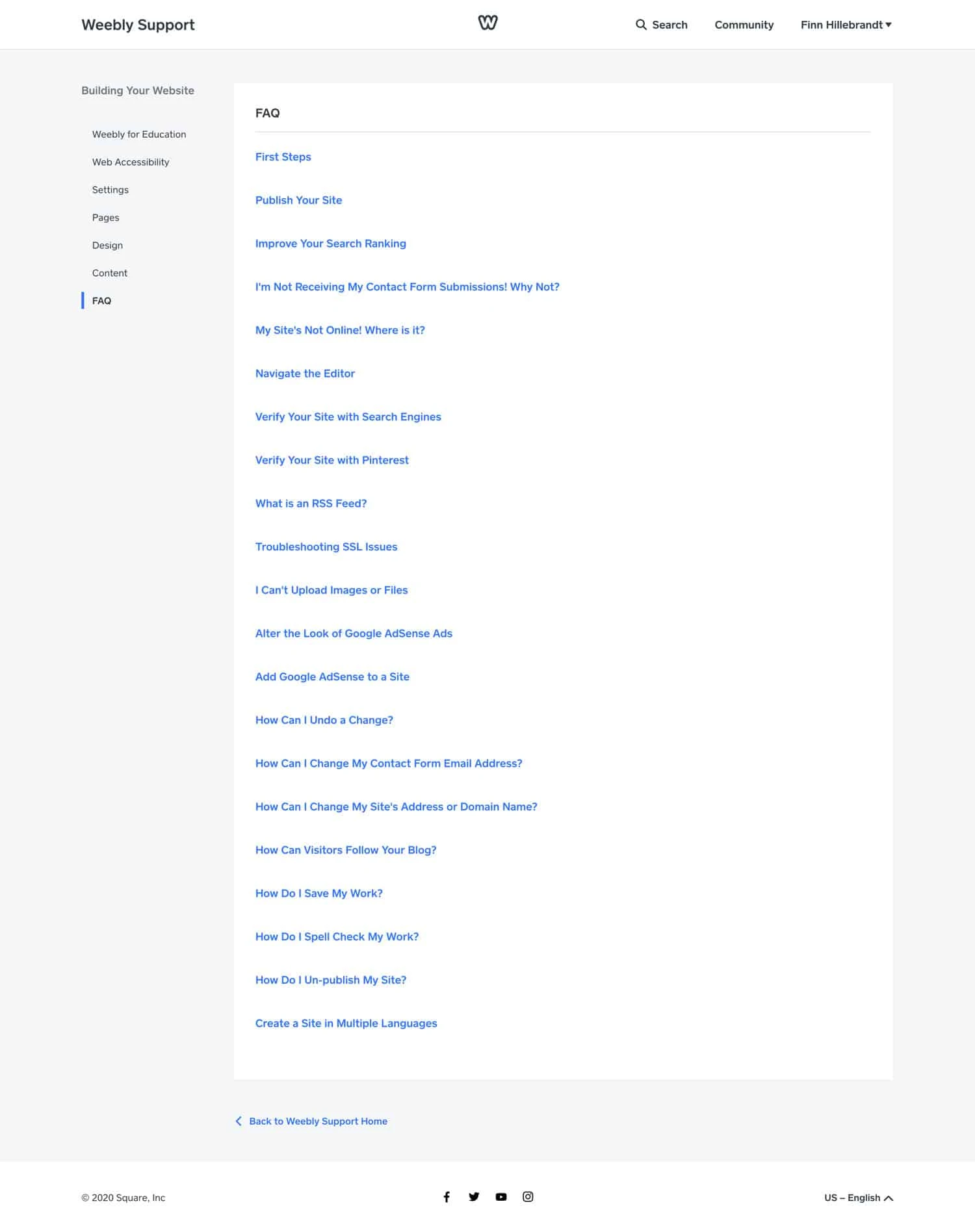 Der Weebly FAQ Bereich steht nur in Englisch zur Verfügung. Auch der Support spricht nur Englisch