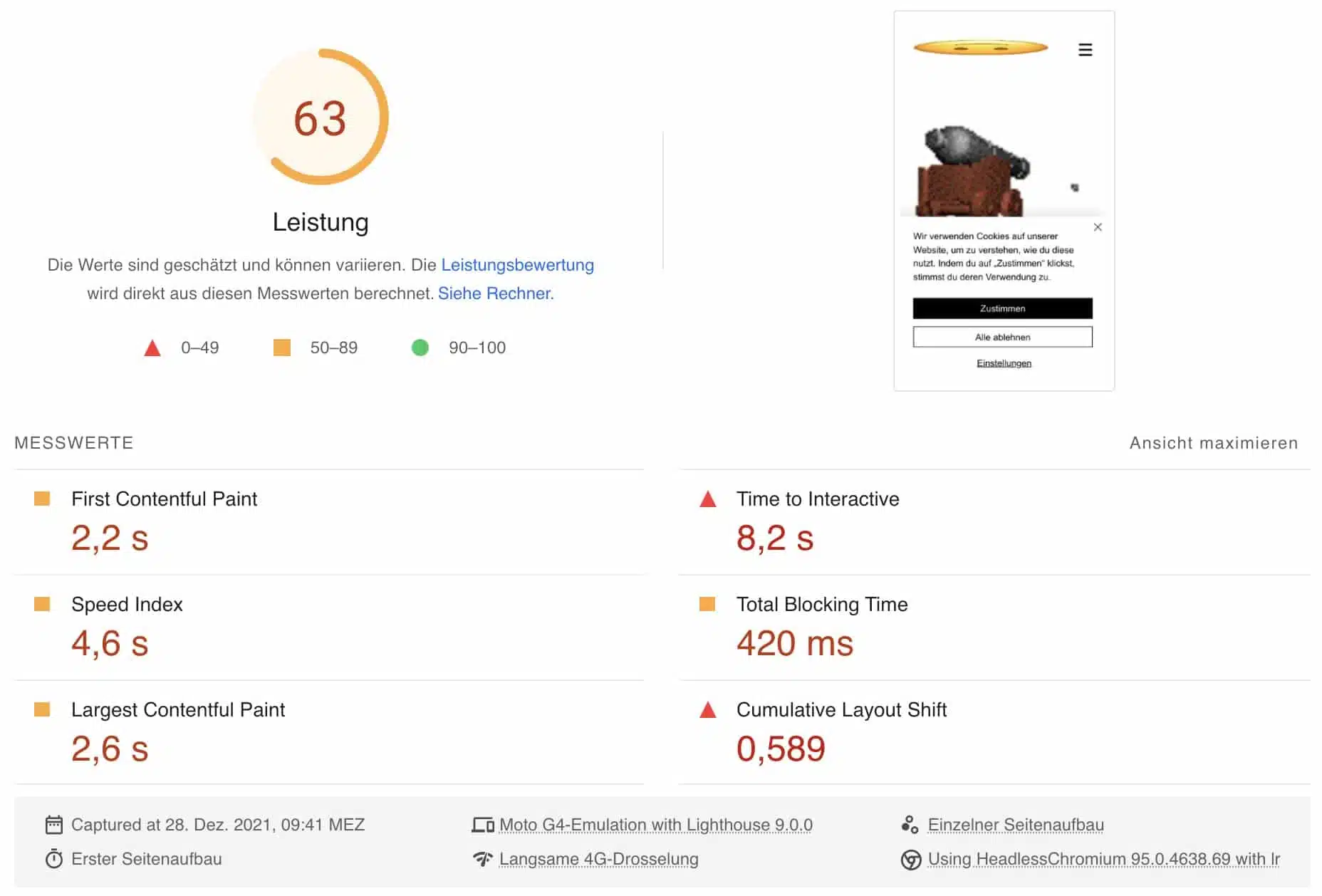 Wix Core Web Vitals PageSpeed Insights Ergebnisse