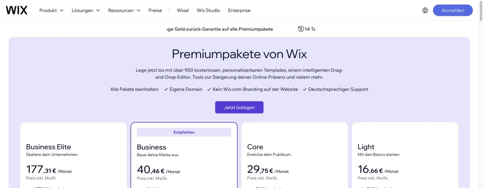 Wix Premium-Pakete und Preise im Juli 2026