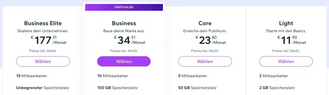 Die Wix Pakete unterscheiden sich nach Traffic und Speicherplatz