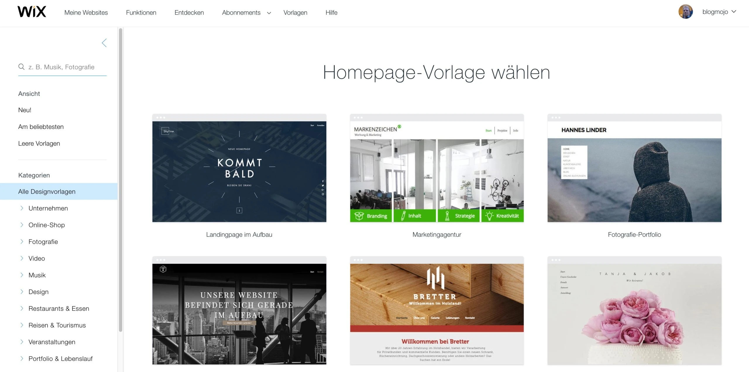 Homepage-Vorlagen bei Wix