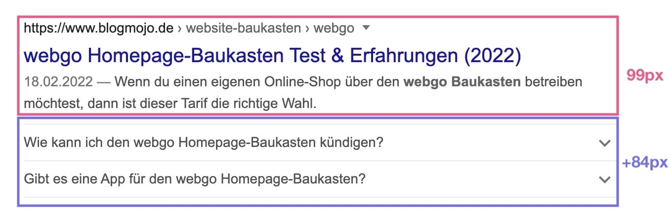 Google-Suchergebnis mit FAQ-Rich-Snippet und Pixelangaben