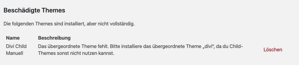 Parent- und Child-Theme müssen sich erkennen und die korrekten Namen verwenden