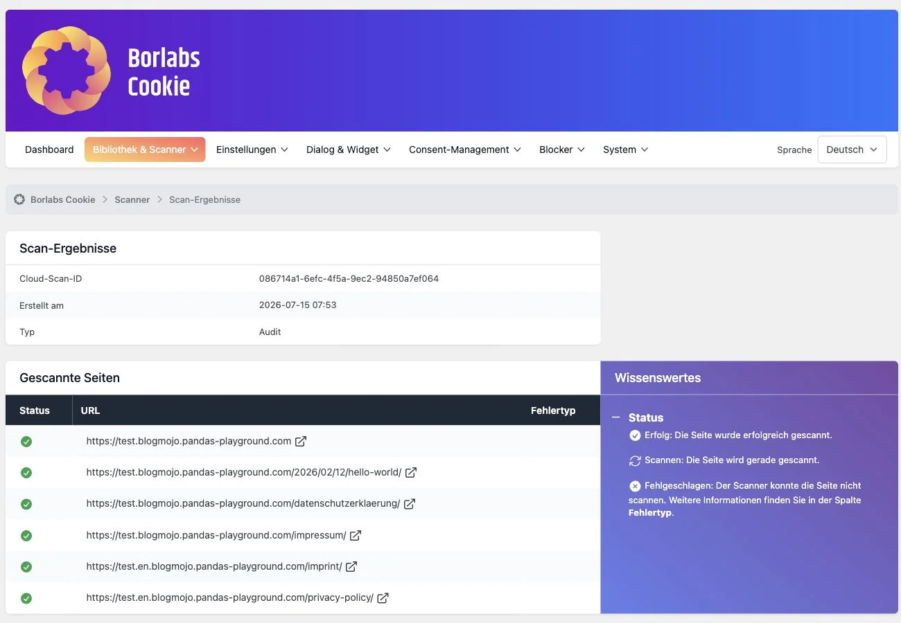 Cloud-Scanner von Borlabs Cookie 3.4 mit installierten Paketen