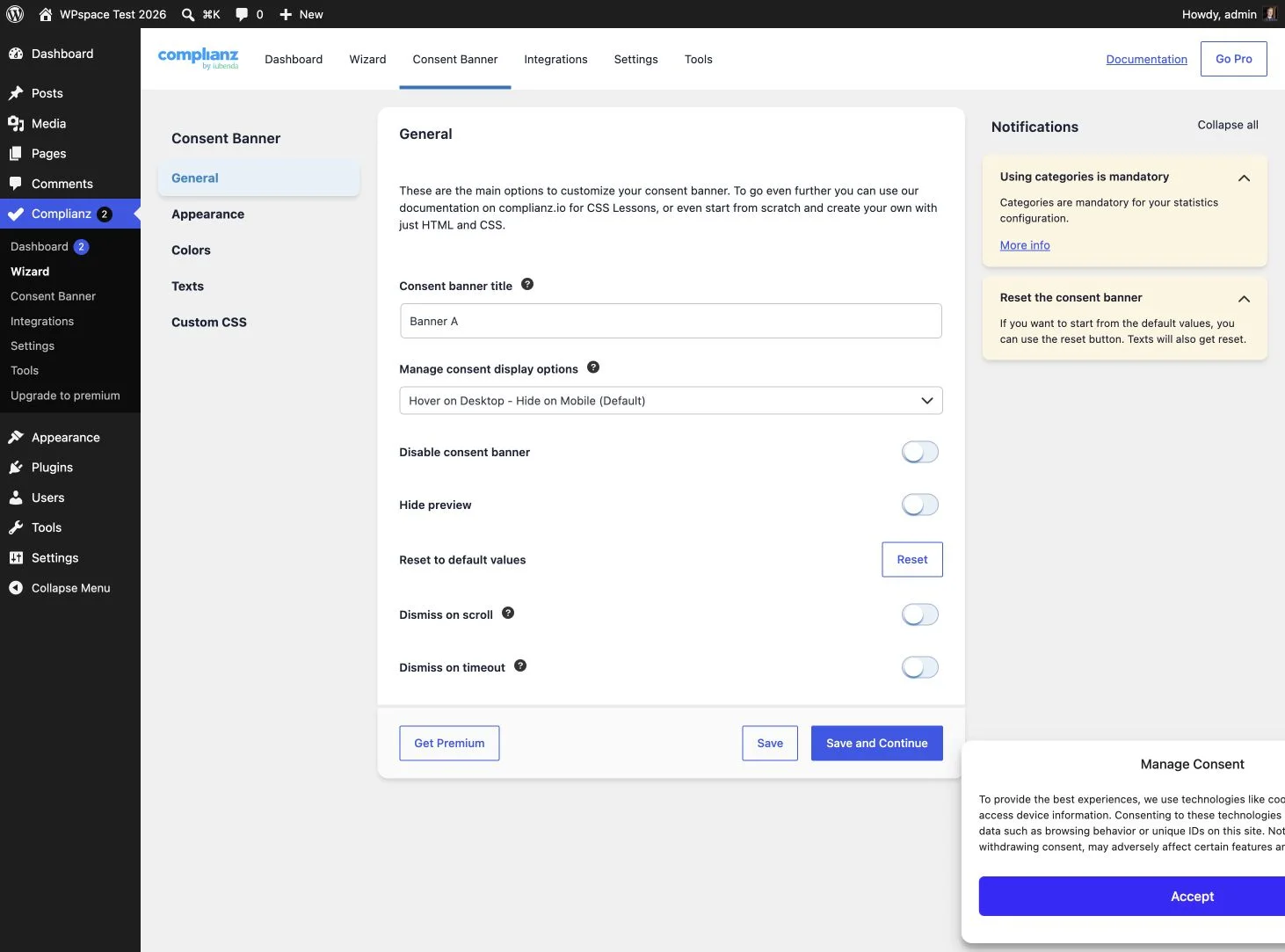 Banner-Editor von Complianz 7.5.0 mit Live-Vorschau