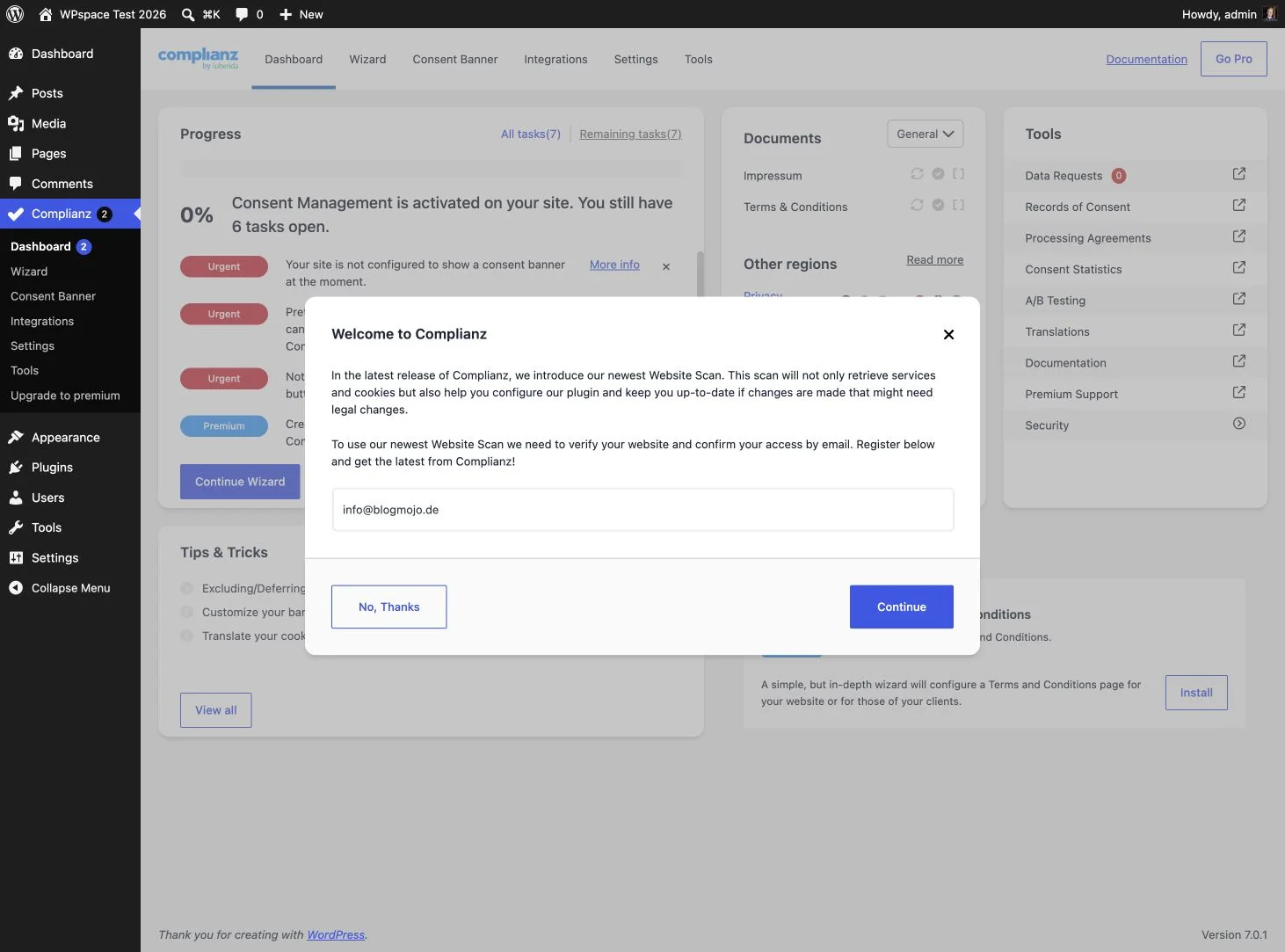 Complianz Dashboard 7.5.0 mit Authentifizierung für den Website-Scan