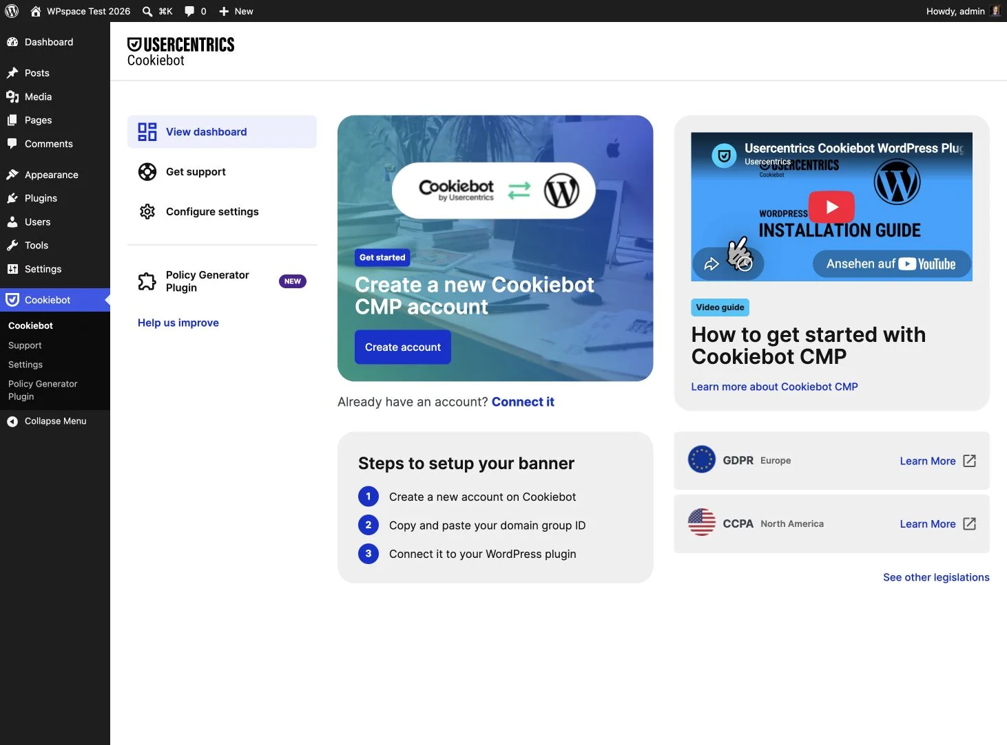 Startseite des Cookiebot WordPress-Plugins 4.7.2