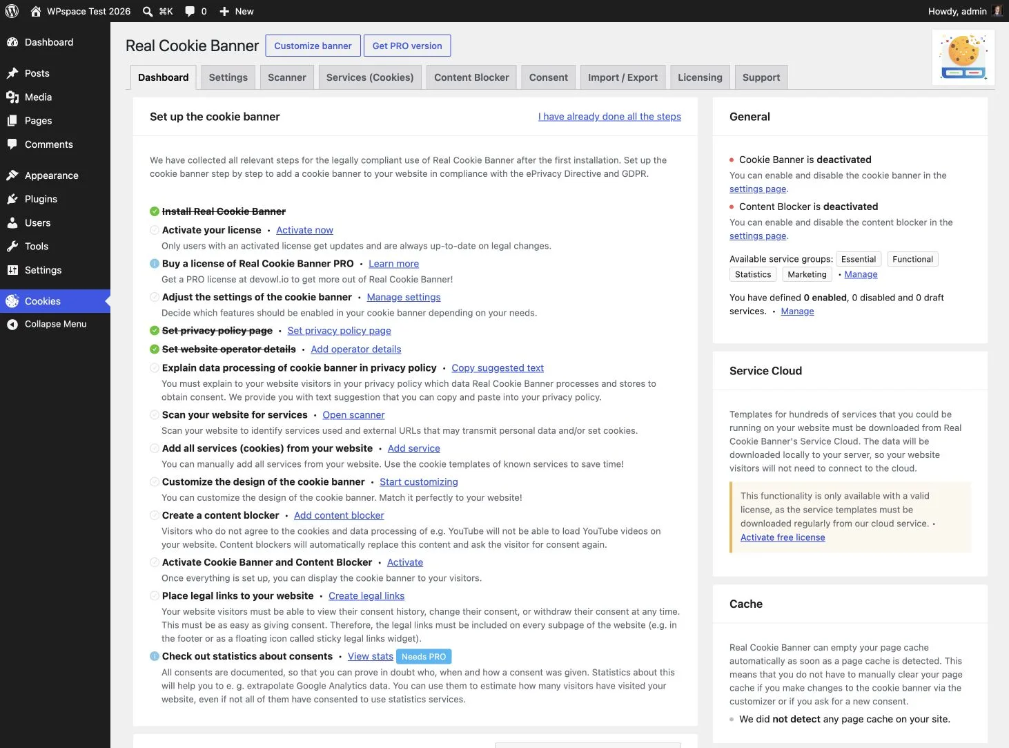 Einrichtungs-Checkliste von Real Cookie Banner 5.2.28 im Test