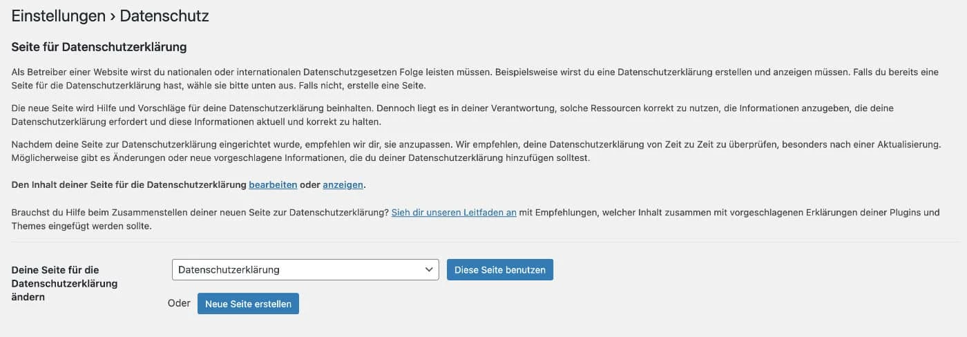Im WordPress-Backend kannst du eine Datenschutzerklärung erstellen