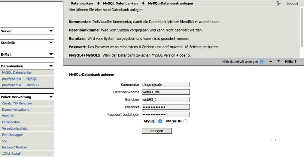 MySQL-Datenbank anlegen