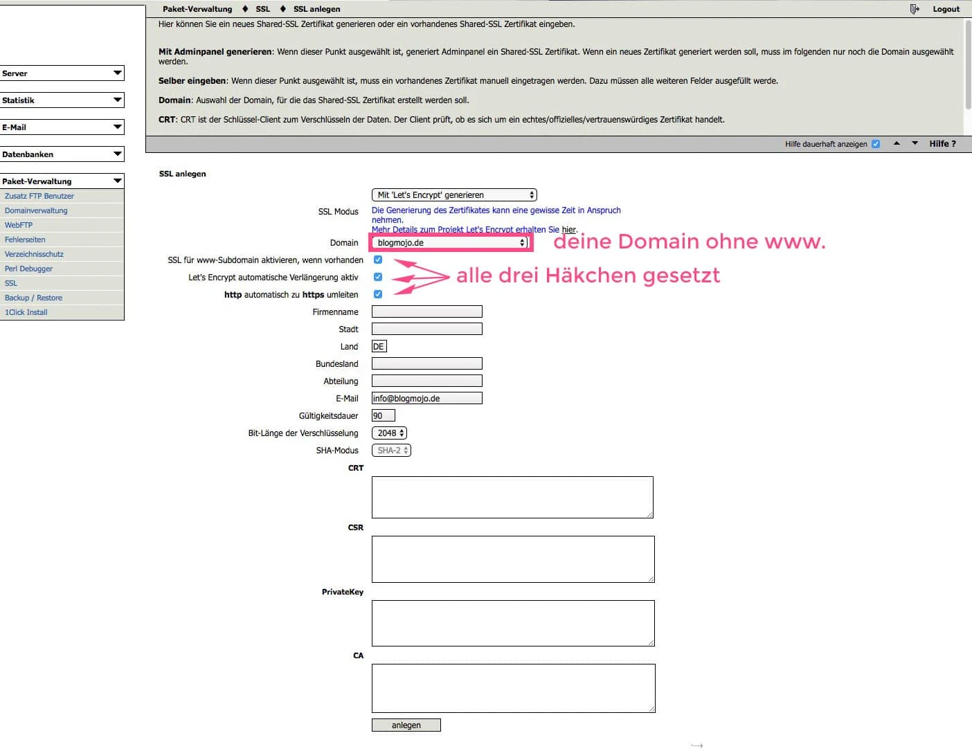 SSL-Zertifikat im webgo Webspace-Admin anlegen