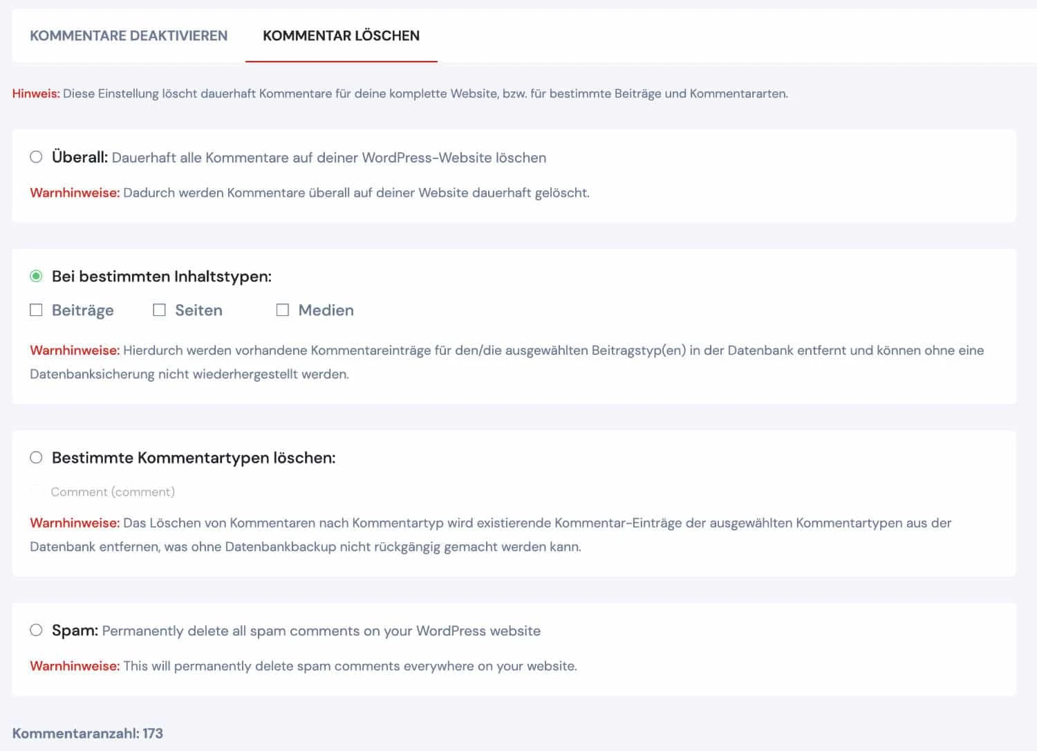 Disable Comments Kommentare löschen