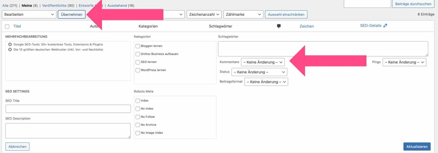 Kommentare deaktivieren Massenbearbeitung