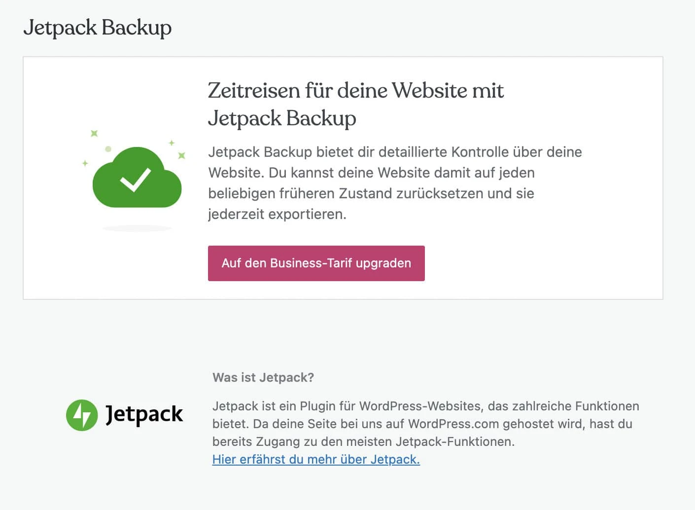 Jetpack Backup steht dir bei WordPress.com erst ab dem Business-Tarif zur Verfügung