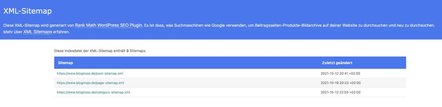 Beispiel einer XML-Sitemap von Blogmojo