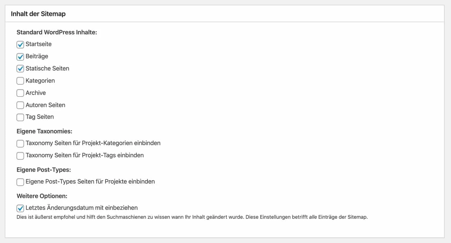 Inhalte der XML-Sitemap im Plugin festlegen