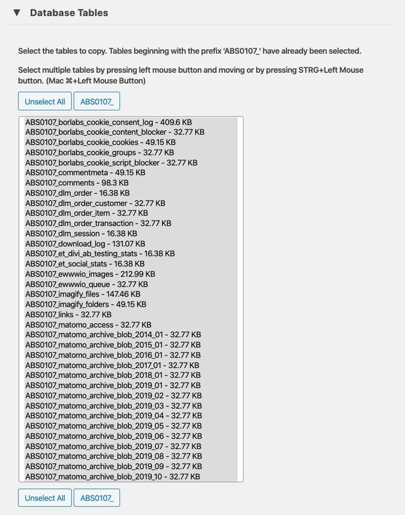 WP Staging Pro: Lege fest, welche Datenbanken mit einbezogen werden