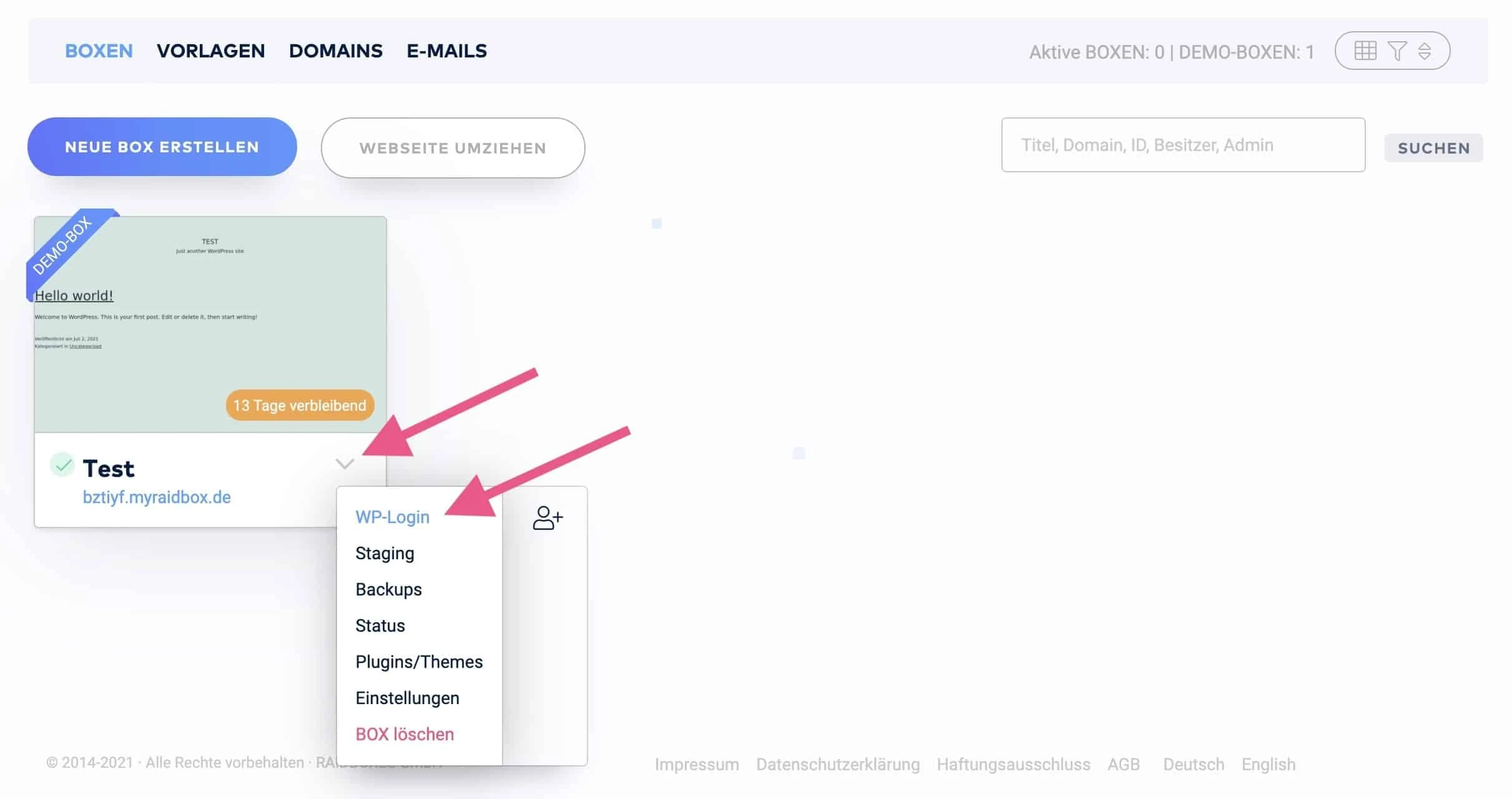 In WordPress einloggen über das RAIDBOXES-Dashboard