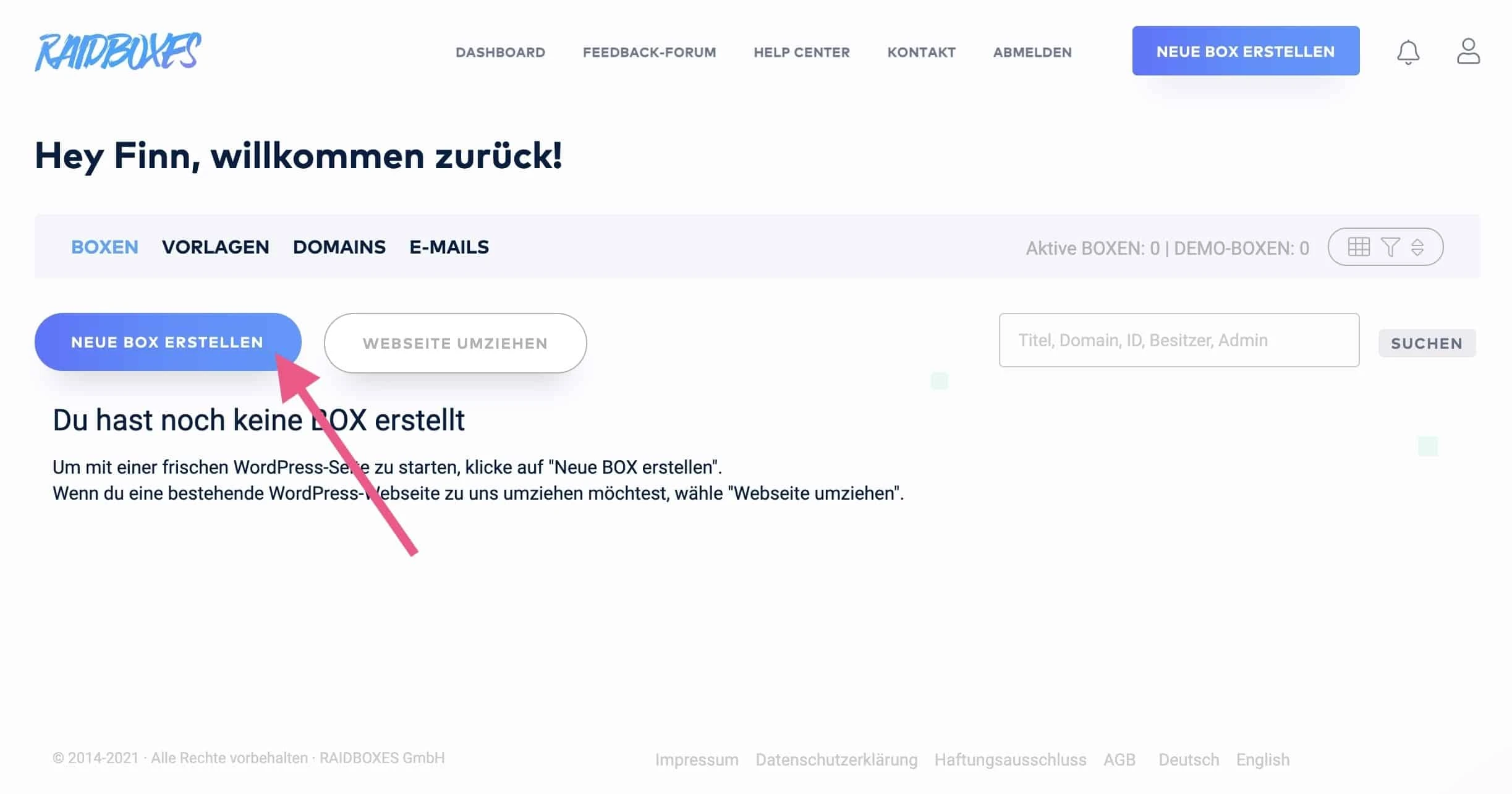 Eine neue BOX (WordPress-Installation) erstellen