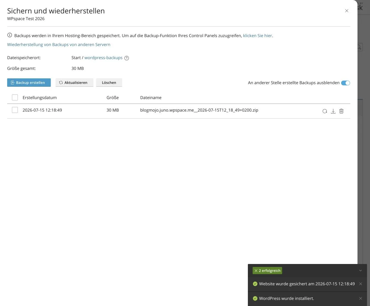 Erfolgreich erstelltes 30-MB-WordPress-Backup bei WPspace