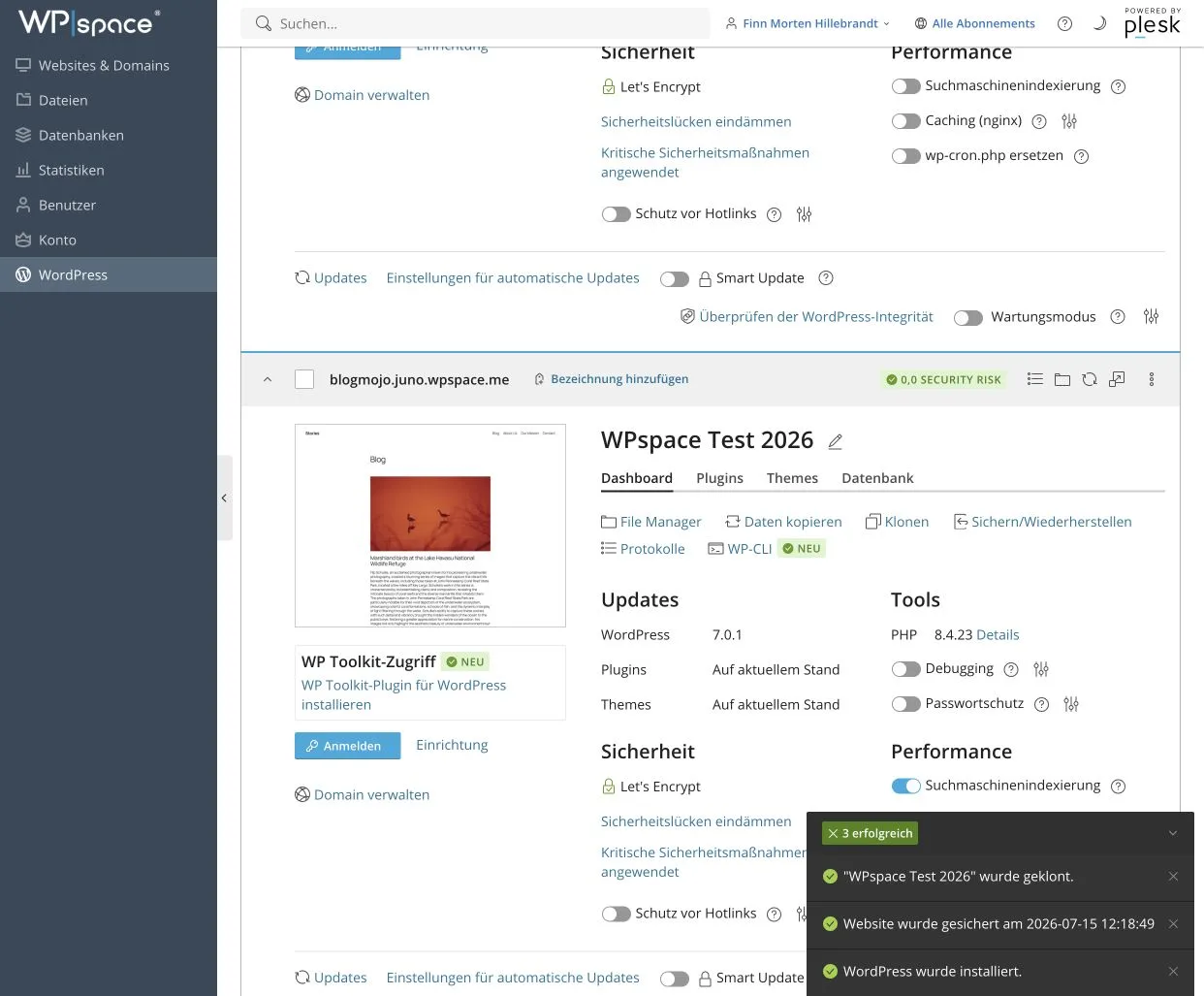 Erfolgreich geklonte WordPress-Staging-Website bei WPspace