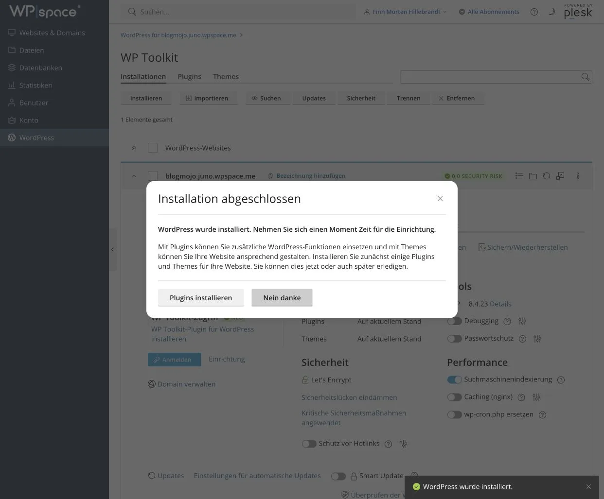 Erfolgreiche WordPress-Installation im WPspace WP Toolkit