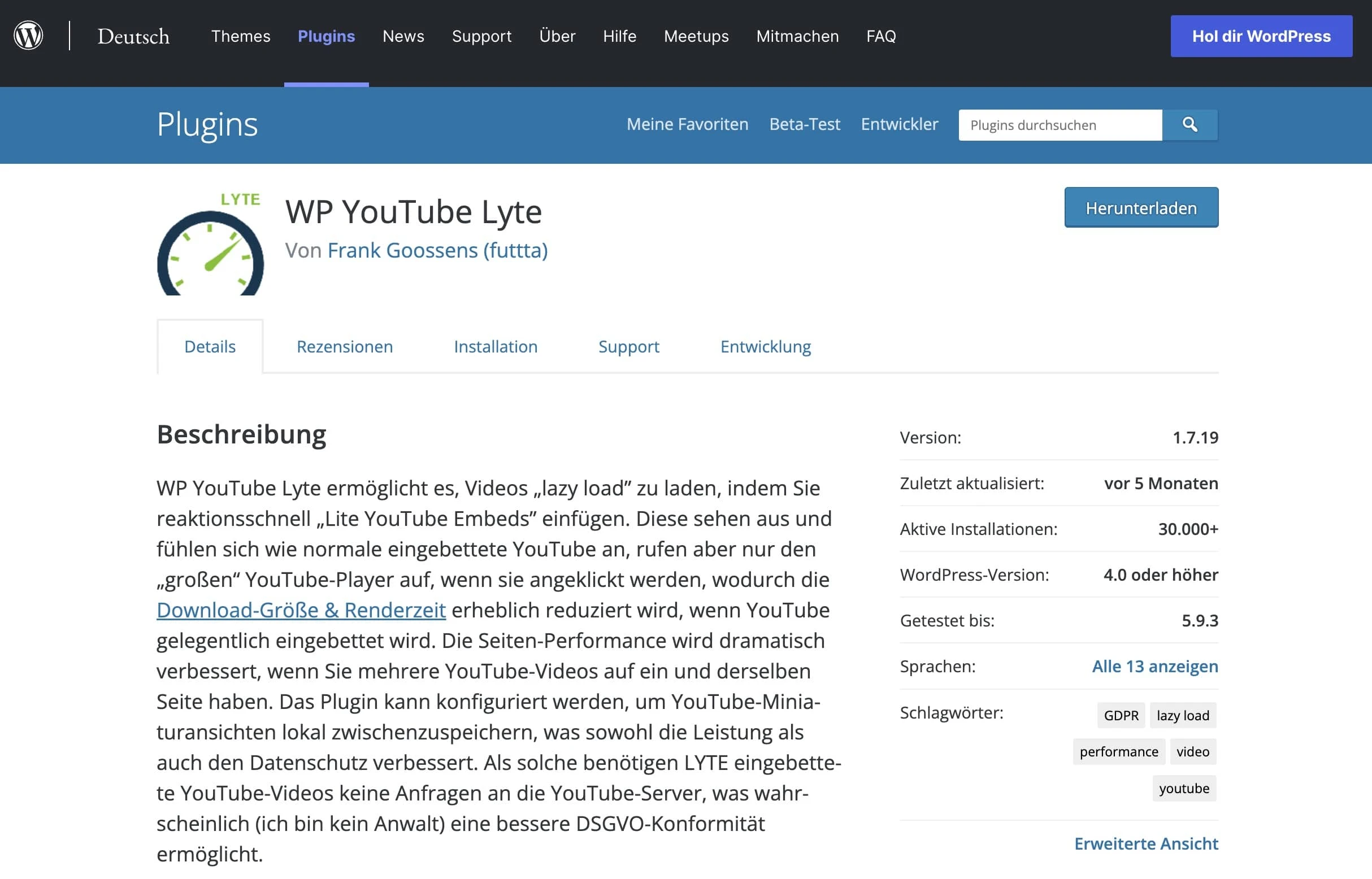 WP YouTube Lyte Plugin für datenschutzkonformes Einbetten von Videos