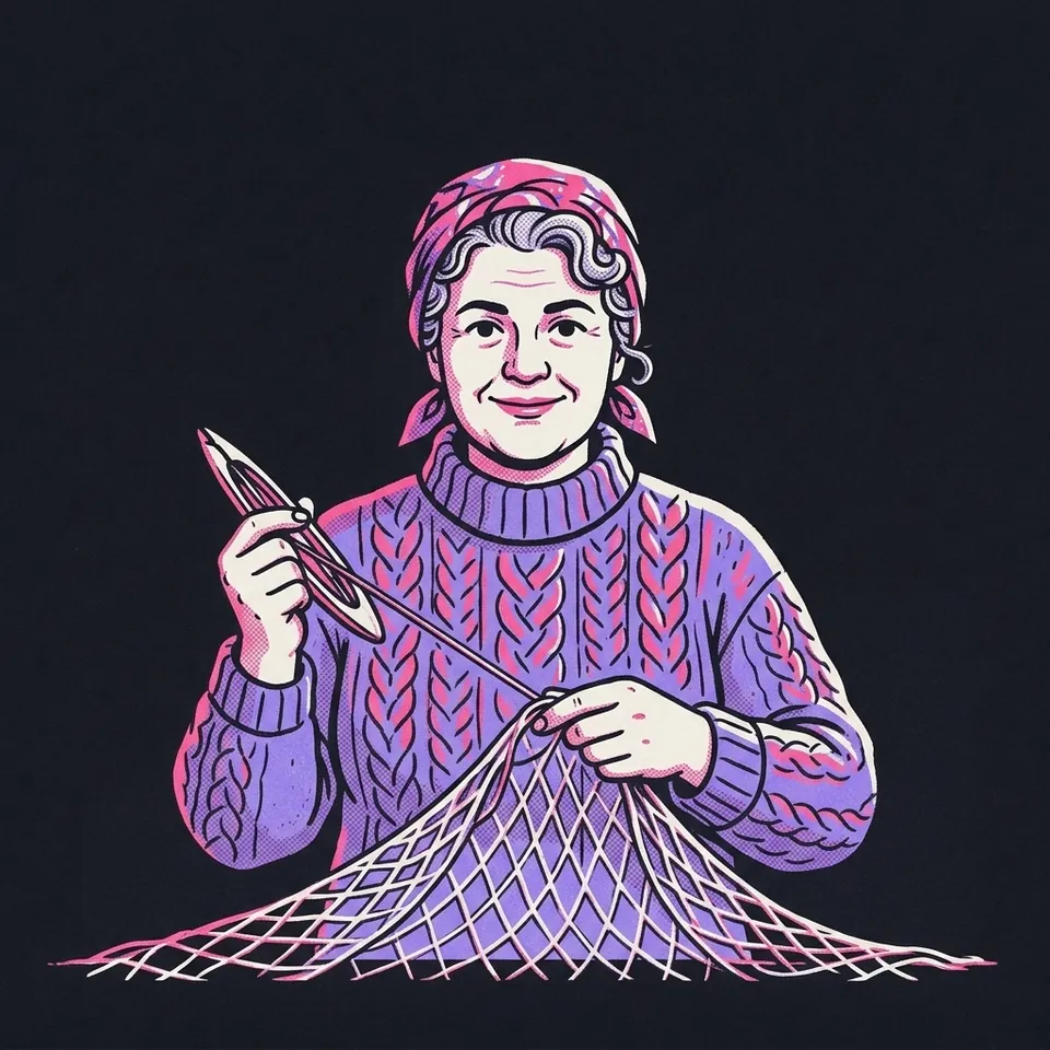 Illustration einer Frau mit Kopftuch und Fischerpullover, die ein großes Netz aus Fäden flickt