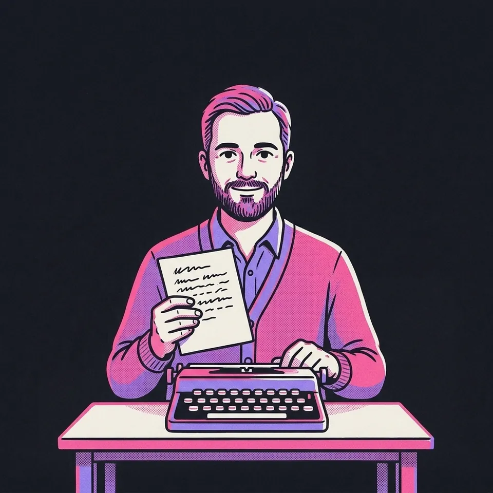 Illustration eines Mannes mit Strickjacke, der an einer Schreibmaschine sitzt und ein Manuskript hält