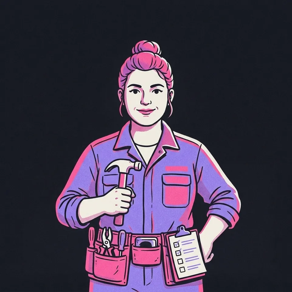 Illustration einer Frau mit Werkzeuggürtel und Hammer, neben ihr eine abgehakte Liste