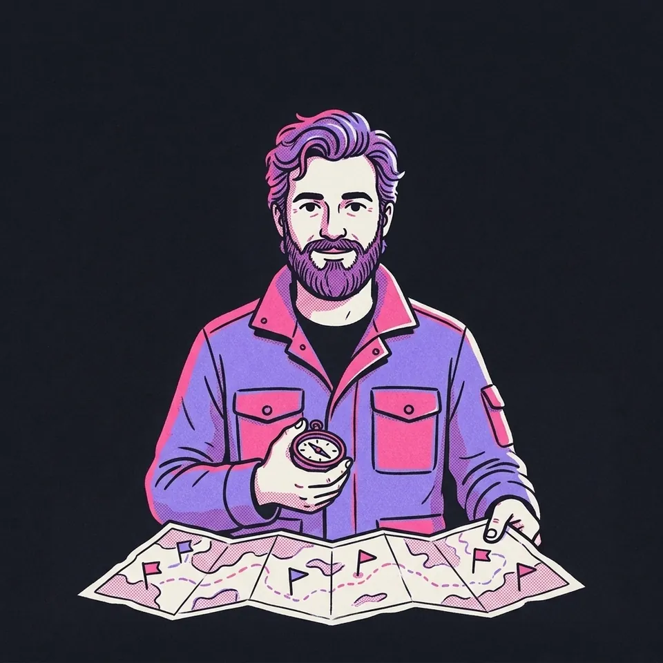 Illustration eines Mannes mit Kompass, der eine Landkarte mit kleinen Fähnchen hält
