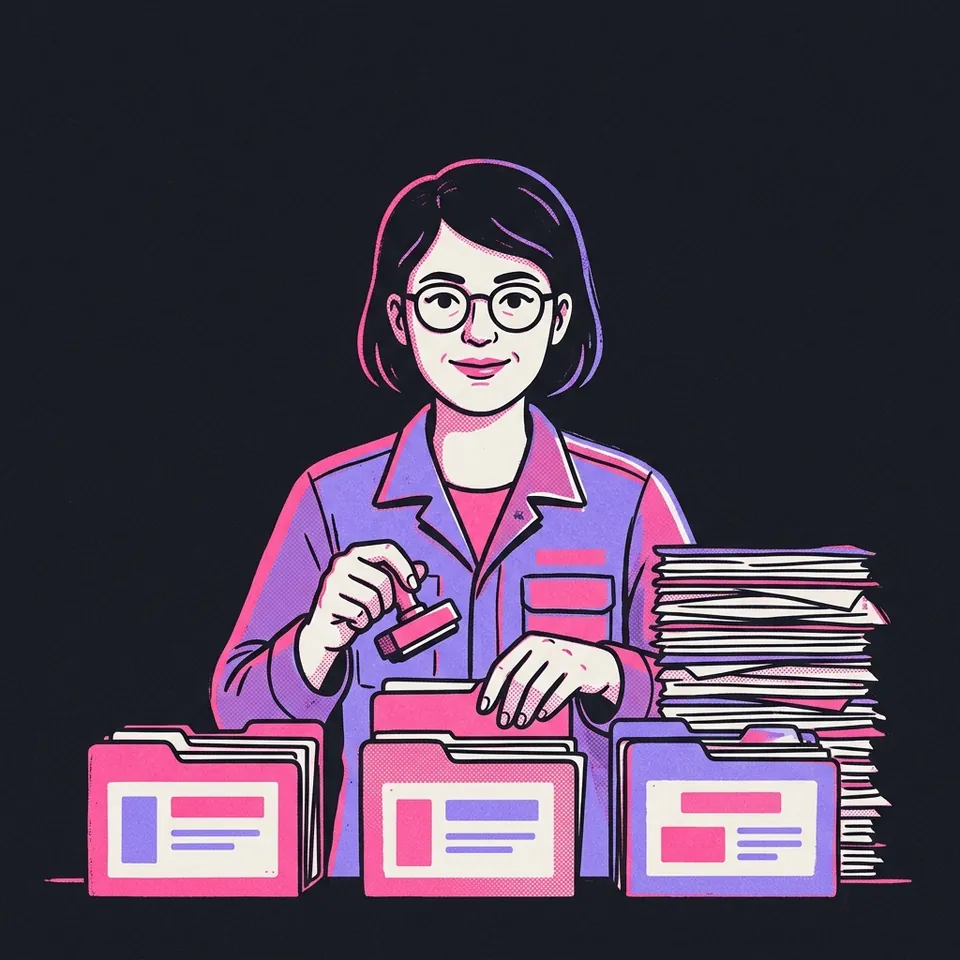 Illustration einer Frau mit Brille, die Aktenordner auf drei Stapel sortiert und einen Stempel hält