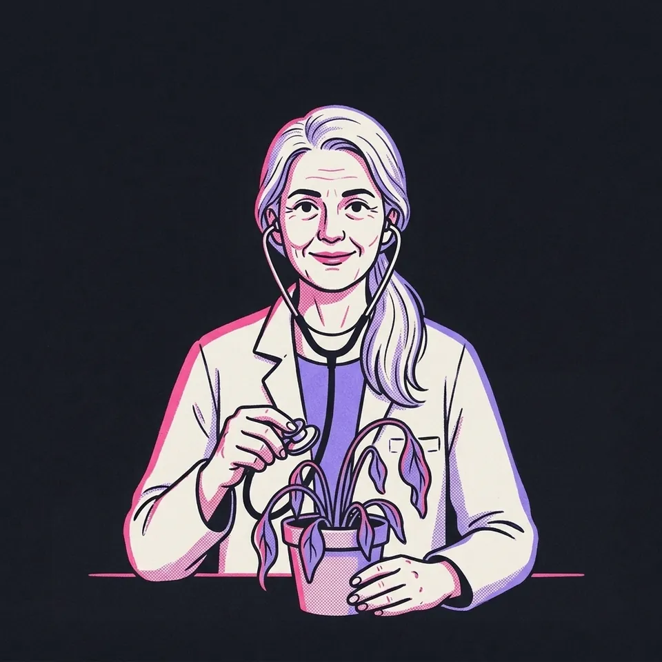 Illustration einer Ärztin mit langen grauen Haaren, die mit dem Stethoskop eine welkende Topfpflanze abhört