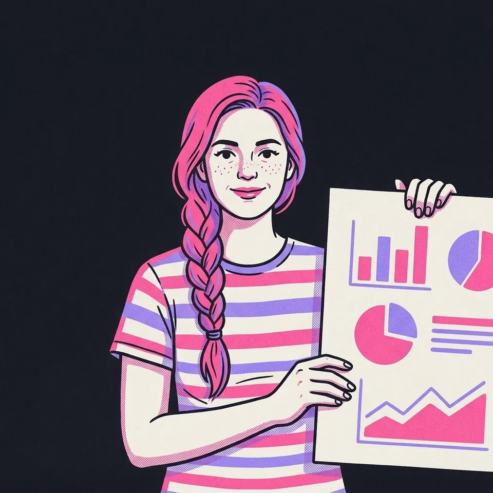 Illustration einer Frau mit rotem Zopf und Sommersprossen, die ein großes Plakat mit Diagrammen präsentiert