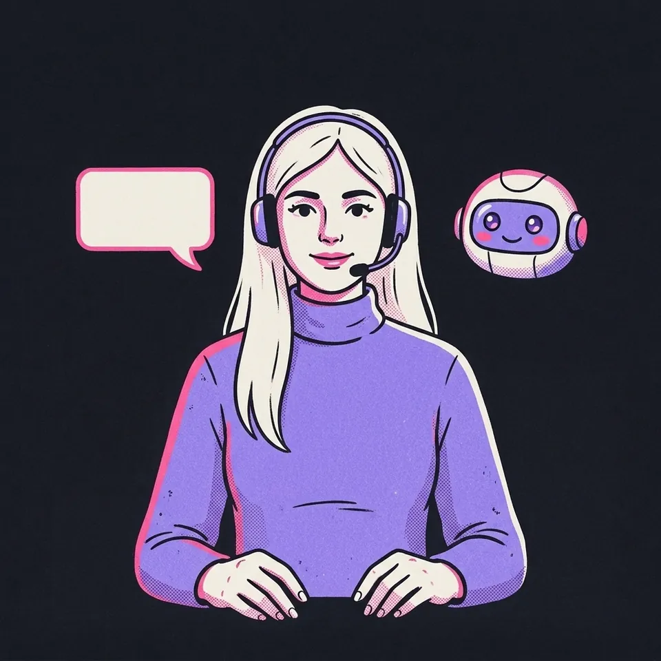 Illustration einer blonden Frau mit Headset zwischen einer Sprechblase und einem freundlichen kleinen Roboter