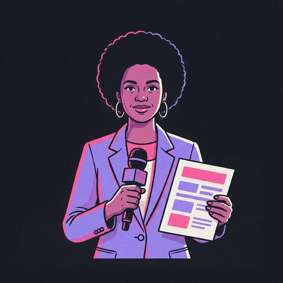 Illustration einer Frau mit Afrofrisur und Blazer, die ein Mikrofon und ein Faktenblatt hält