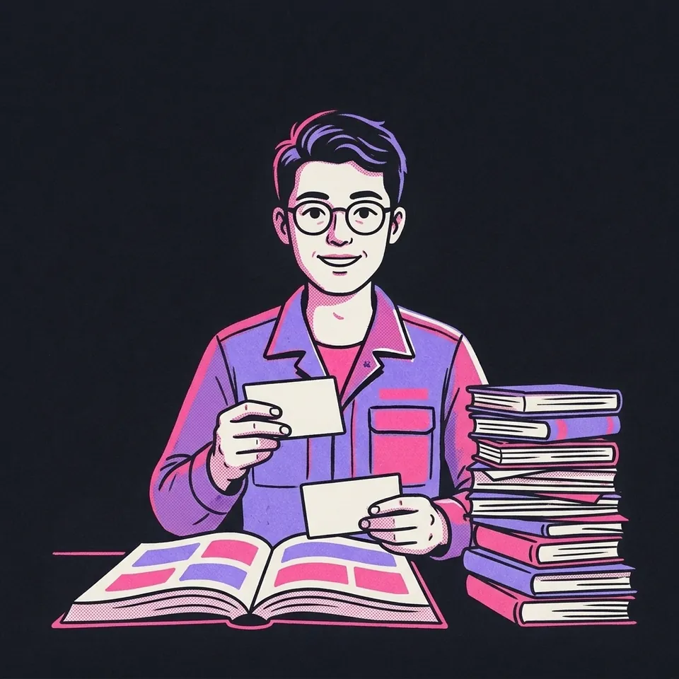 Illustration eines Mannes mit Bücherstapel, der Karteikarten mit Fußnoten sortiert